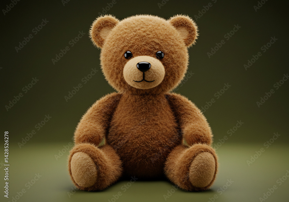Brown Fluffy Teddy Bear Sitting on Olive Green Background Brown Fluffy Teddy Bear Sitting on Olive Green Background