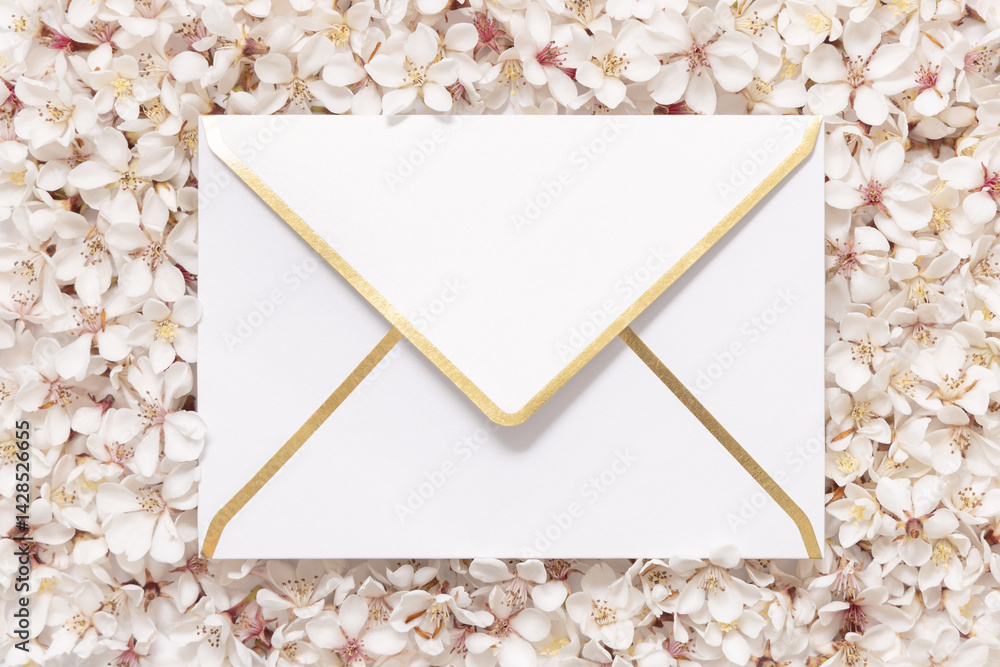 Blank golden edge envelope over white cherry flowers top view, spring wedding mockup