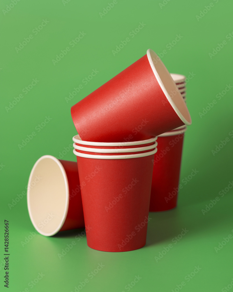 Disposable red paper cups on a green closeup, mockup. No plastic and sustainable Christmas