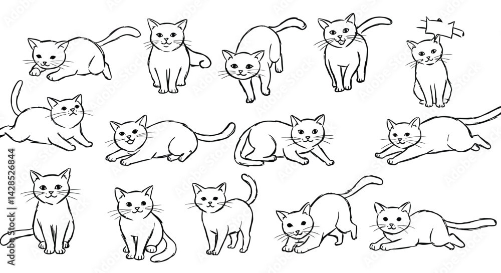Fototapeta premium Cute playful cat poses hand drawn vector illustration with various kitten postures and expressions 