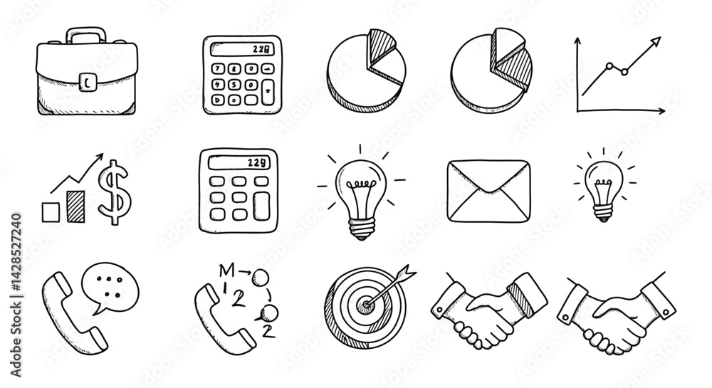 Fototapeta premium Business and finance hand drawn icons with calculator, light bulb, phone, and handshake elements for office and marketing use 