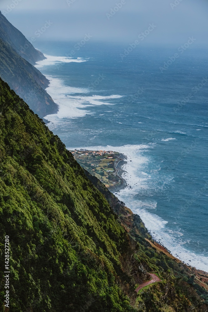 Dramatic Coastal View with Lush Cliffs and Ocean Waves. Aerial Perspective of Faja dos Vimes, Sao Jorge Island, Azores, Portugal
