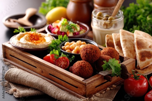 Delicious Middle Eastern Platter of Fresh Falafel and Dips