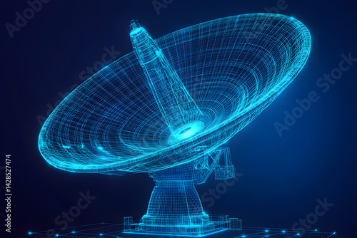 Futuristic satellite dish wireframe hologram, glowing blue 3d radar antenna for space communication, data transmission, global internet, deep space signal tracking, astronomy or military network 