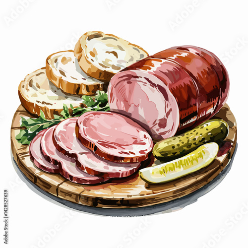 Watercolor BBQ Bologna Platter with Bread and Pickles