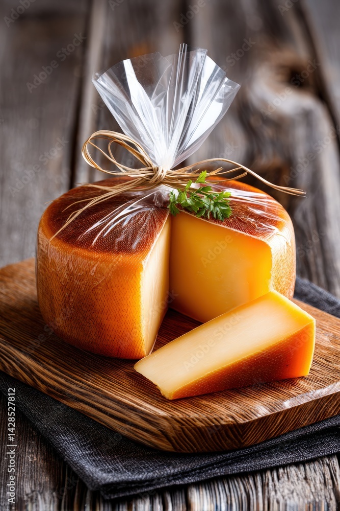 Delicious Semi-Hard Cheese with Fresh Garnish on Wooden Board