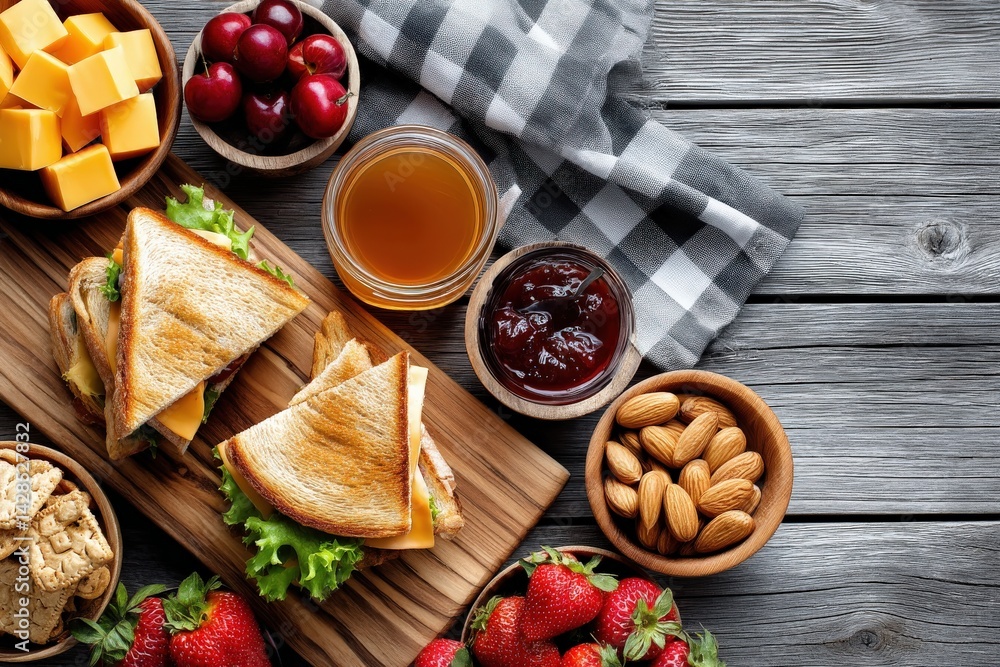 Delicious Sandwich Platter with Fresh Fruits and Snacks Displayed