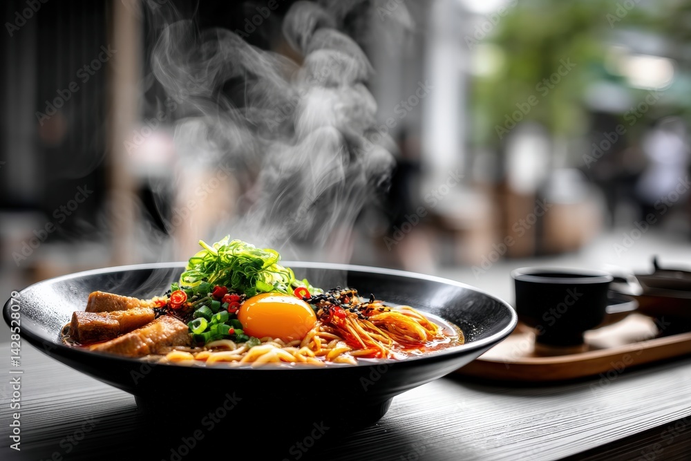 Delicious steaming ramen dish with fresh ingredients and vibrant colors