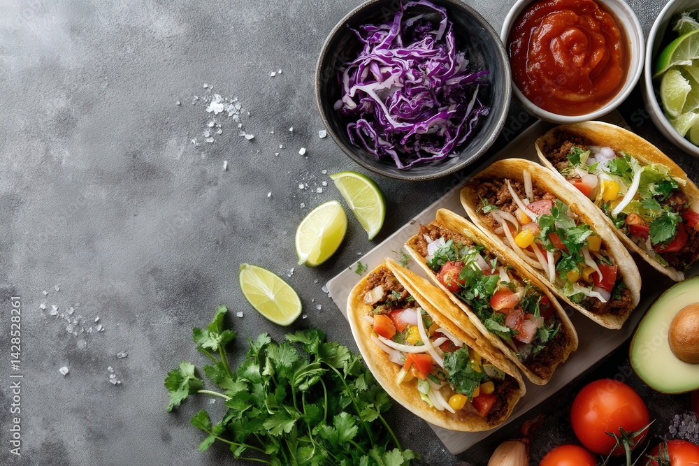 Delicious Tacos with Fresh Ingredients and Colorful Sides on Table