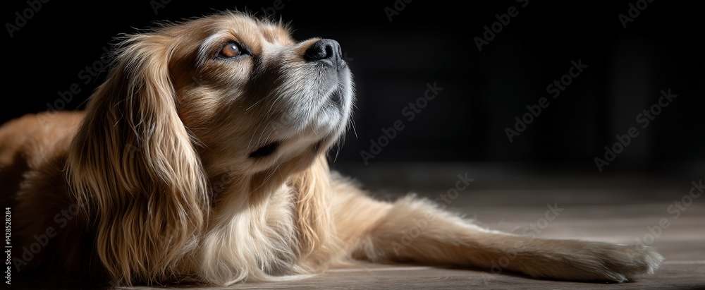 Naklejka premium A golden-cream dog resting, gazing upward