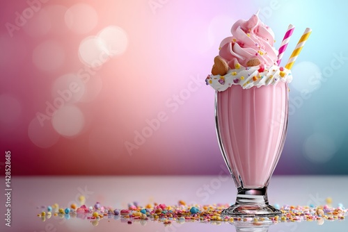 Obraz na płótnie Delightful Pink Milkshake with Toppings and Sprinkles on a Table w salonie
