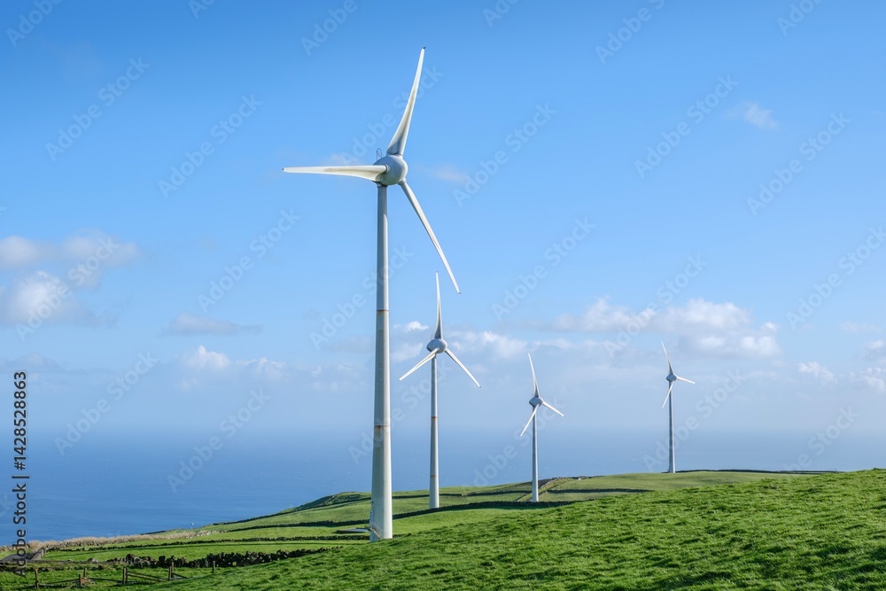 Modern wind turbines on the verdant hills of Serra do Cume with a sweeping vista of Terceira Island. The image captures the renewable energy technology with the natural beauty of the Azores landscape