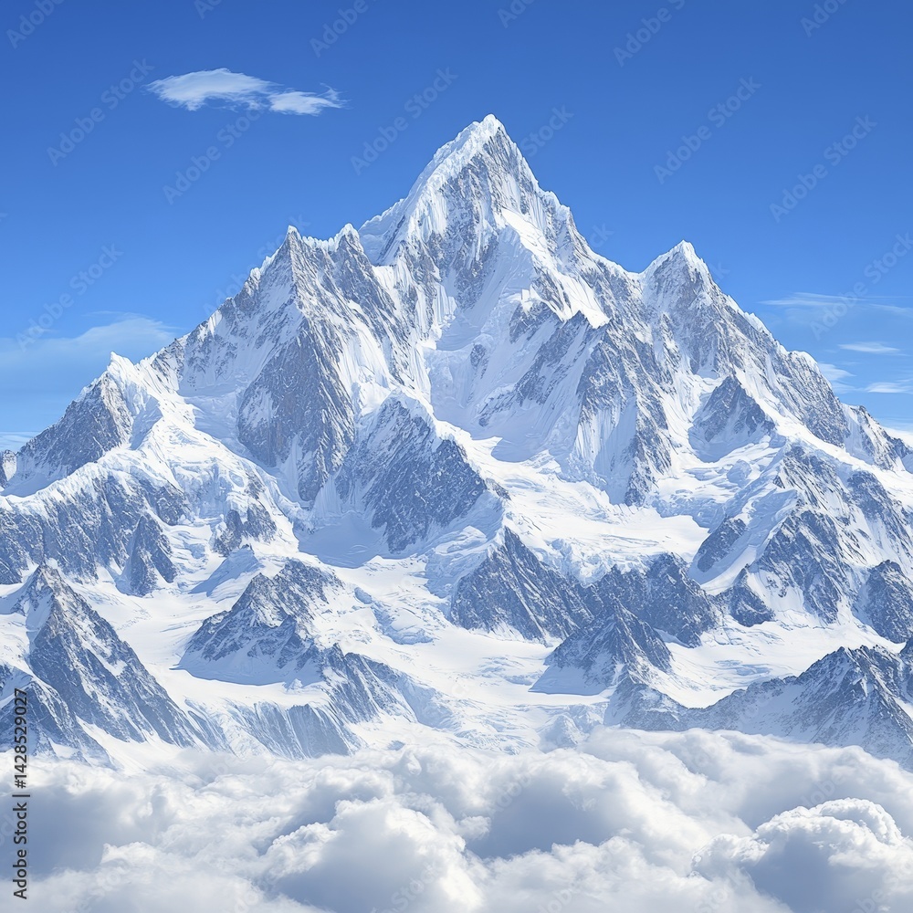 Obraz premium Majestic Snow-Covered Mountain Peak: An Untouched Winter Wonderland in the High Altitude Landscape