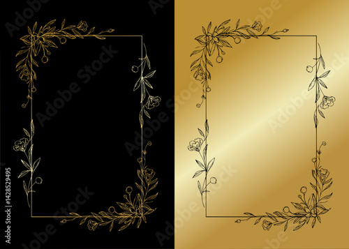 Elegant floral black and gold frames with romantic design, frame in two versions