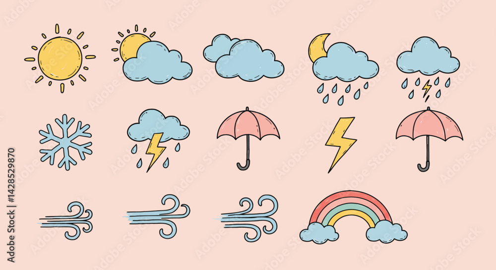 Obraz premium Weather icons set including sun, clouds, rain, snowflake, lightning, umbrella, wind, and rainbow vector illustration 