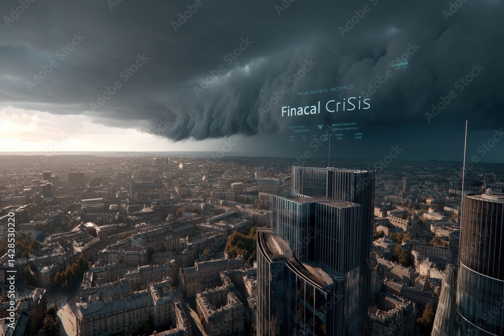 Dramatic Storm Clouds Over Cityscape Representing Financial Crisis