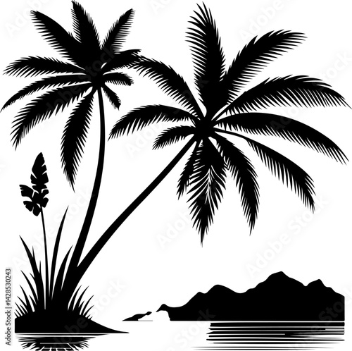 silhouette of palm trees. palm, tree, tropical, beach, summer, nature, sky, silhouette, coconut, palm tree, vector, plant, isolated, illustration, leaf, travel, green, sun, island, trees, vacation, la