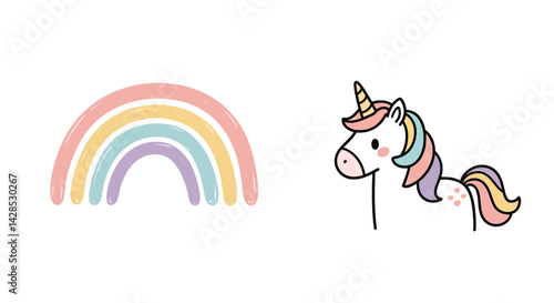 Cute unicorn with pastel rainbow vector illustration in soft colors for children and fantasy designs 