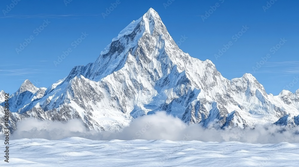 Obraz premium Majestic Snow-Covered Mountain Peak: An Untouched Winter Wonderland in the High Altitude Landscape