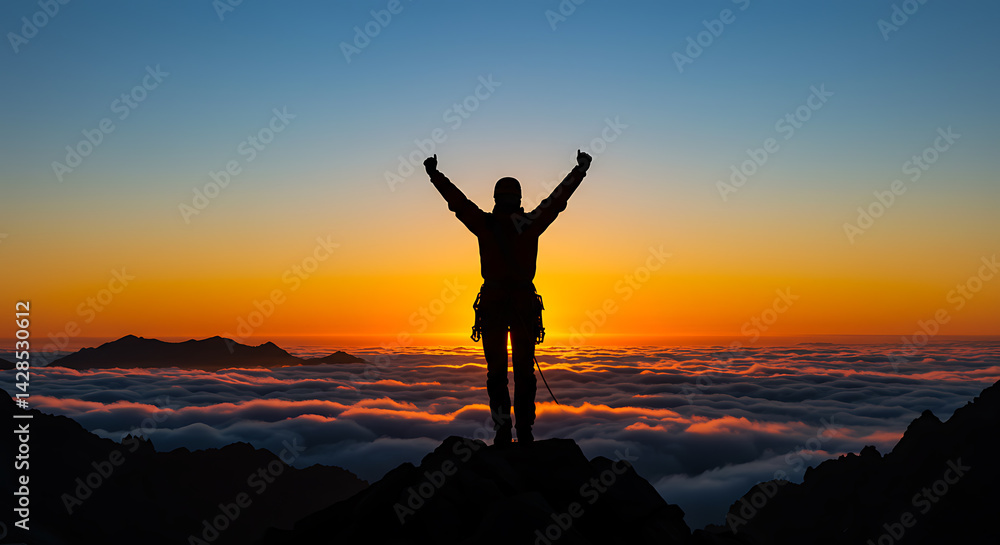 Fototapeta premium Triumphant Mountain Climber Silhouette at Summit with Arms Raised Against Colorful Sunrise Sky