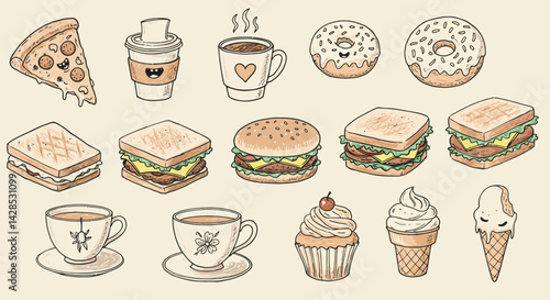 Assorted fast food and dessert vector illustration including pizza coffee donut sandwich burger cupcake ice cream 