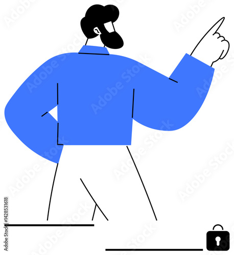 Bearded man in a blue shirt standing confidently, pointing upward with one hand on his hip. Ideal for concepts thumbs up leadership, direction, confidence, guidance, ideas, motivation, and authority