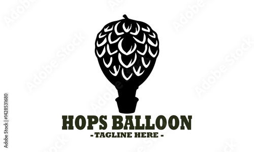 Detailed black and white illustration of a hop cone shaped like a vintage hot air balloon against a plain background. Hot air balloon vector illustration and hot air balloon logo vector design