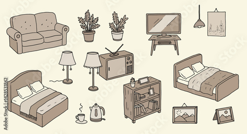 Home furniture set with sofa beds lamps and decorative elements in neutral tones for cozy interior design 