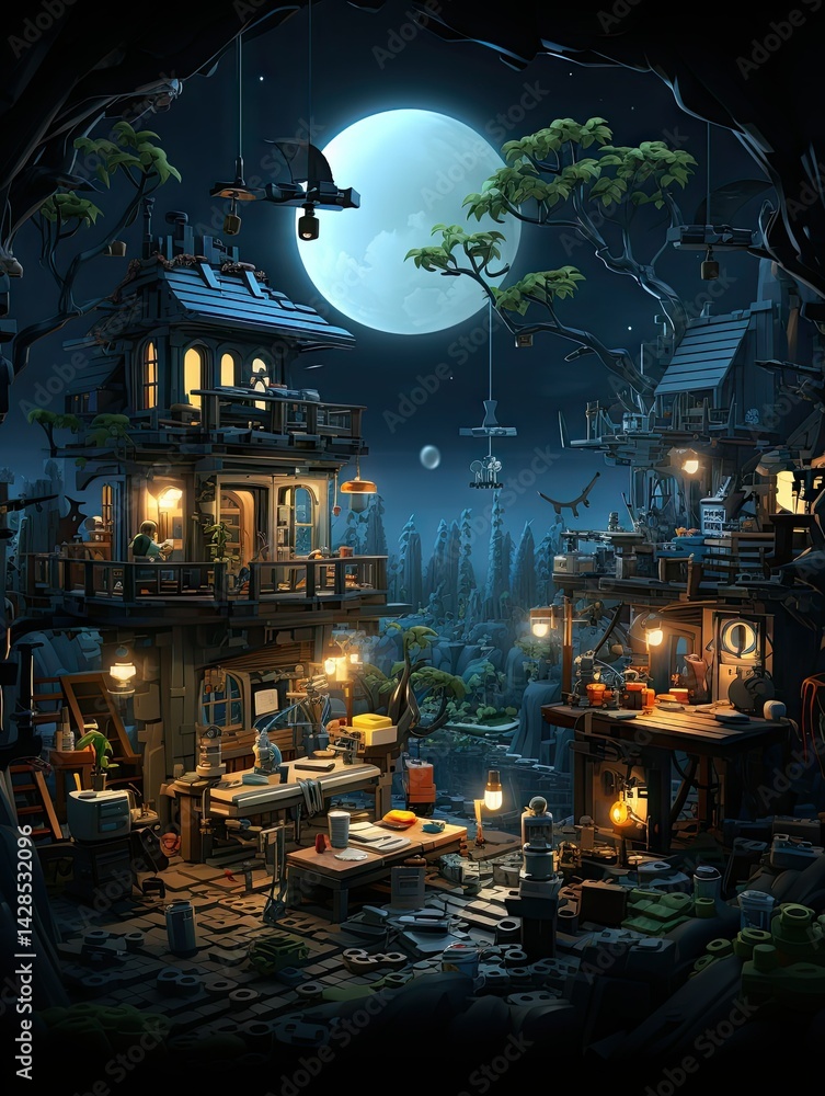 Obraz premium A whimsical treehouse village illuminated by a full moon in a fantastical night landscape scene