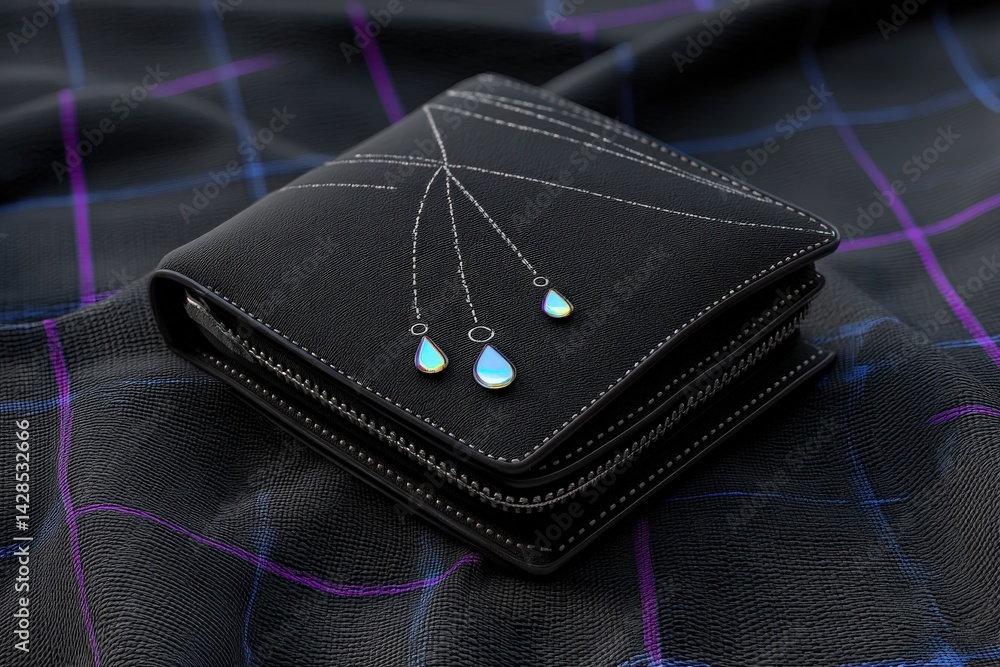 Elegant black wallet with decorative drops on stylish fabric