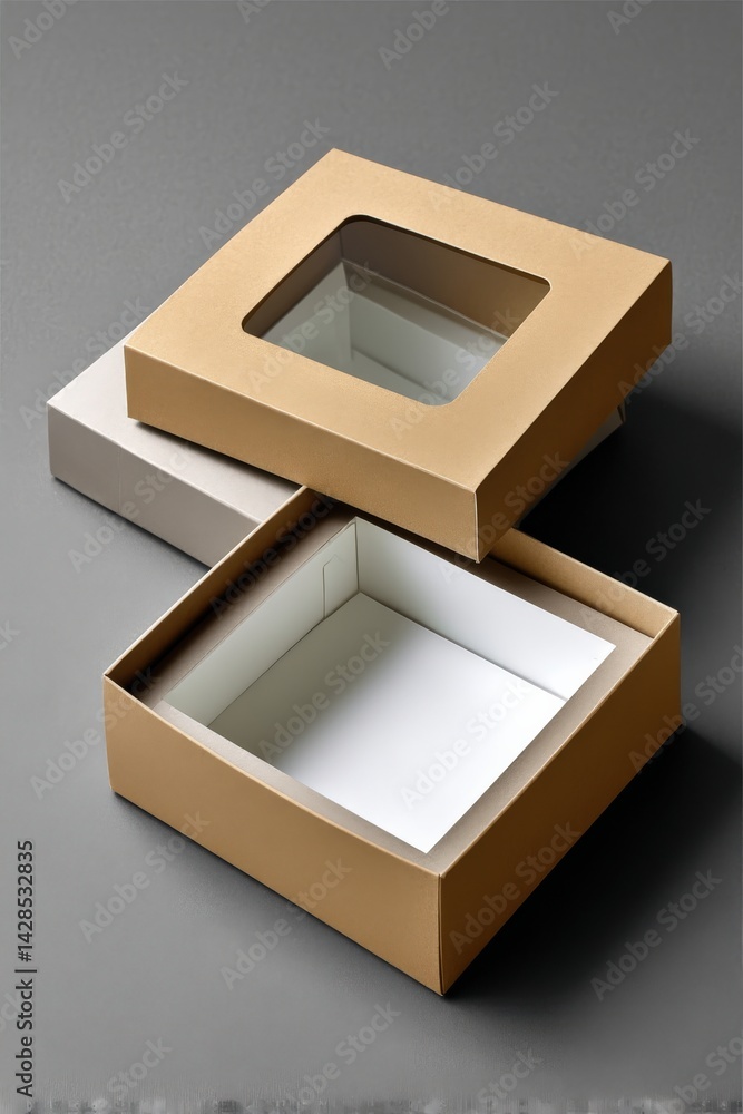 Elegant Brown and White Empty Gift Boxes on Minimalist Gray Surface