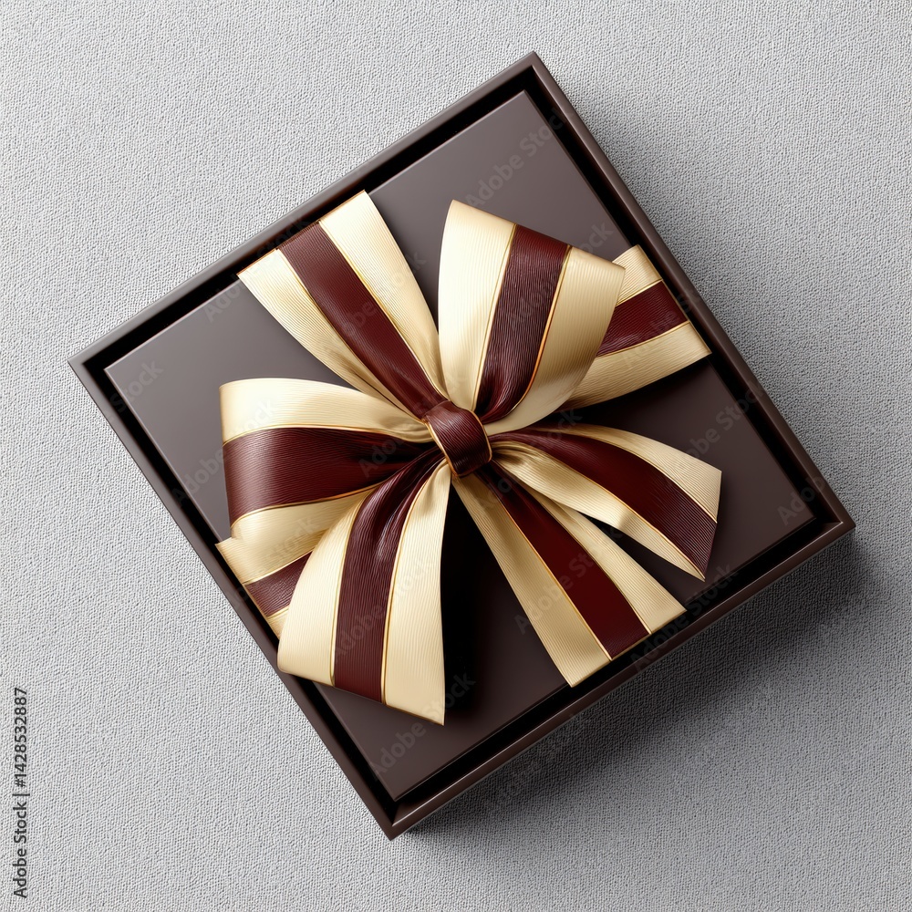 Elegant Brown Gift Box with Cream and Brown Ribbon Bow on Gray Surface