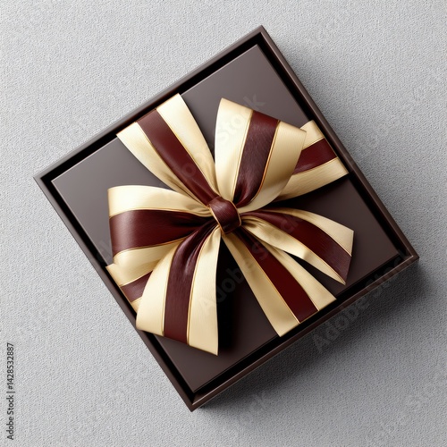 Obraz na płótnie Elegant Brown Gift Box with Cream and Brown Ribbon Bow on Gray Surface w salonie