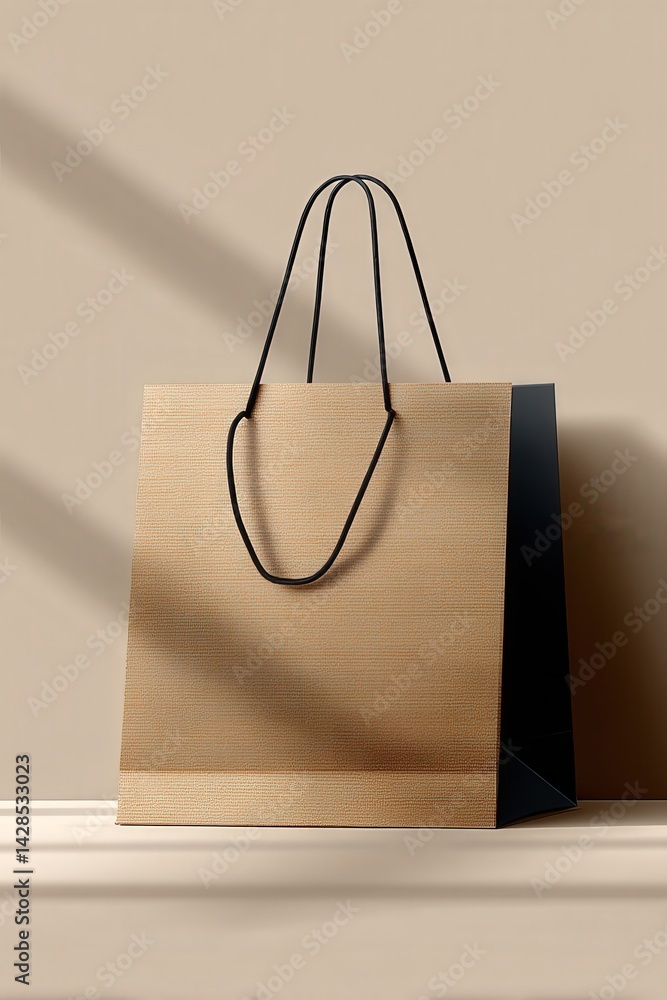 Elegant Brown Paper Shopping Bag with Black Handles on Neutral Background