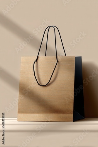 Obraz na płótnie Elegant Brown Paper Shopping Bag with Black Handles on Neutral Background w salonie