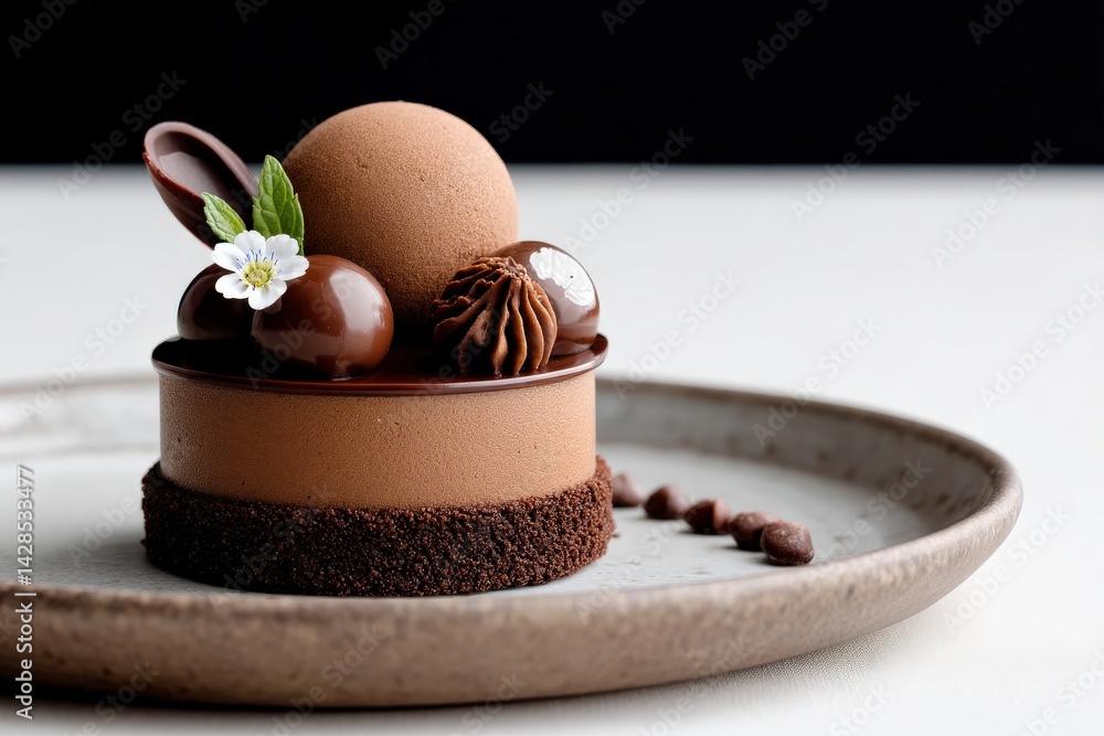 Elegant Chocolate Dessert with Decorative Elements and Fresh Mint