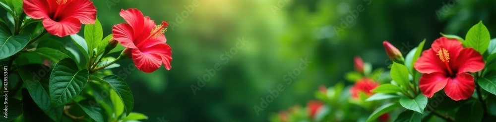 Fototapeta premium Lush green foliage, vibrant red hibiscus blooms, garden backdrop, setting, bright