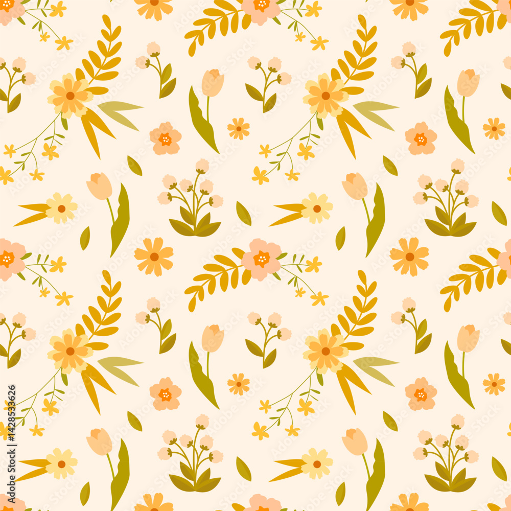 Seamless floral pattern in warm pastel colours with tulips, daisies, twigs and decorative leaves. Ideal for packaging, textiles, cards, invitations Seamless floral pattern in warm pastel colours with tulips, daisies, twigs and decorative leaves. Ideal for packaging, textiles, cards, invitations