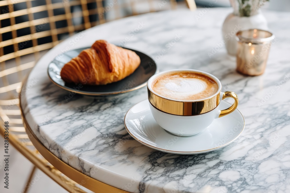 Elegant Coffee and Croissant on Marble Table in Stylish Café Setting