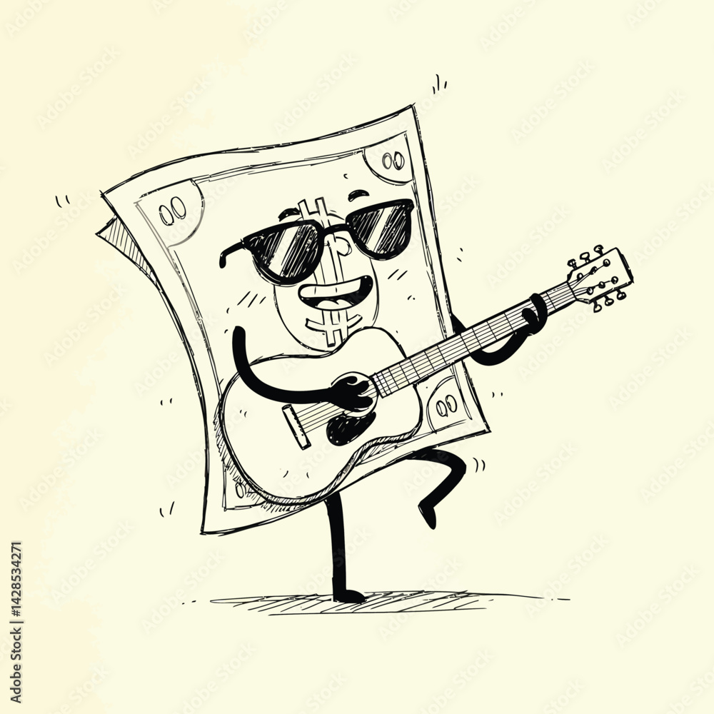 Fototapeta premium Animated cartoon dollar bill playing guitar with sunglasses smiling cheerful musical vector illustration 