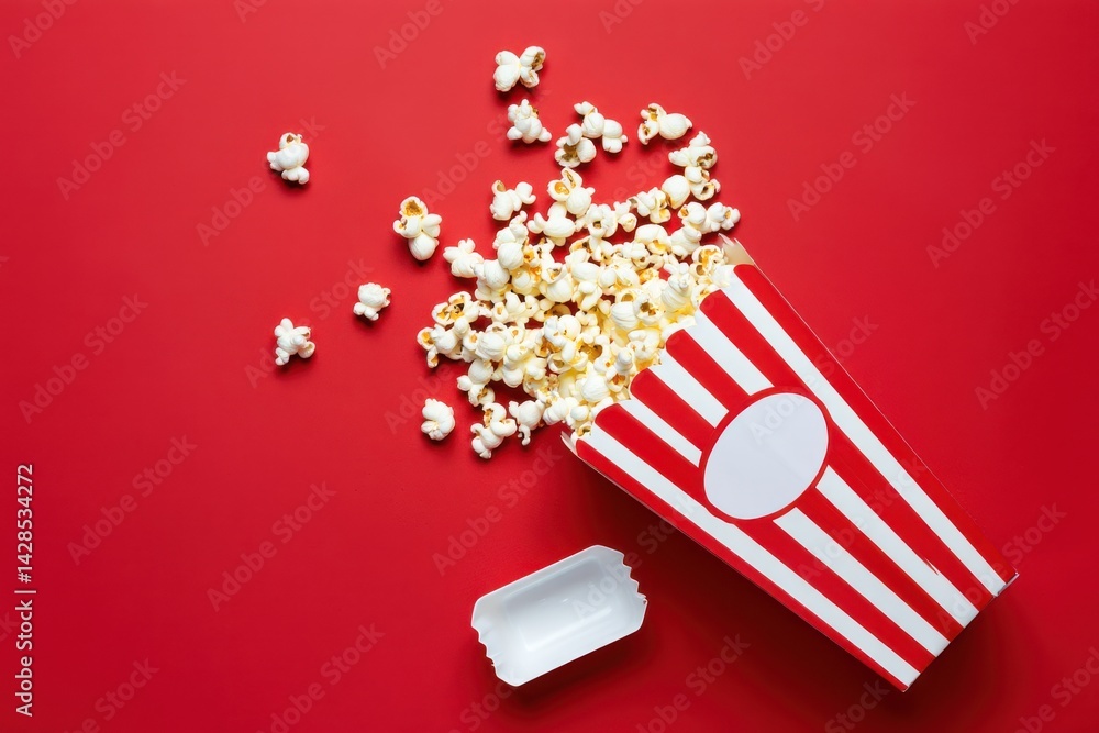 Image of knocked down red and white striped carton of popcorn by single cinema theatre ticket, spilled popped kernels, film snack food tub, red background, elevated view, copy space