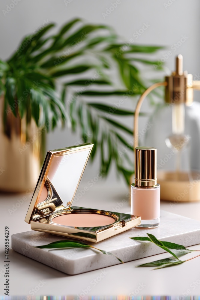 Elegant Cosmetic Products on Stylish Marble and Greenery Background