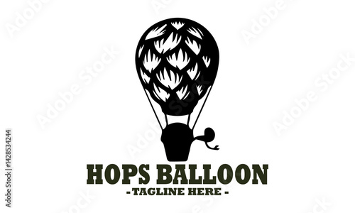 Detailed black and white illustration of a hop cone shaped like a vintage hot air balloon against a plain background. Hot air balloon vector illustration and hot air balloon logo vector design