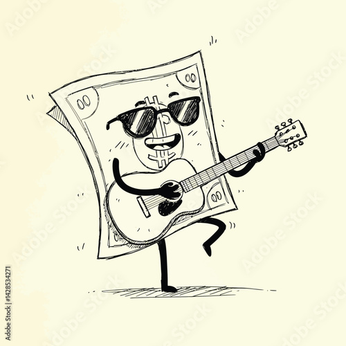 Animated cartoon dollar bill playing guitar with sunglasses smiling cheerful musical vector illustration 
