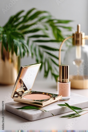 Obraz na płótnie Elegant Cosmetic Products on Stylish Marble and Greenery Background w salonie