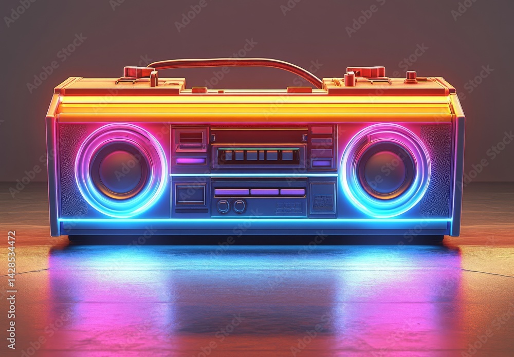 Fototapeta premium Neon lights and modern futuristic design have been incorporated into a revamped version of the classic 80s boombox