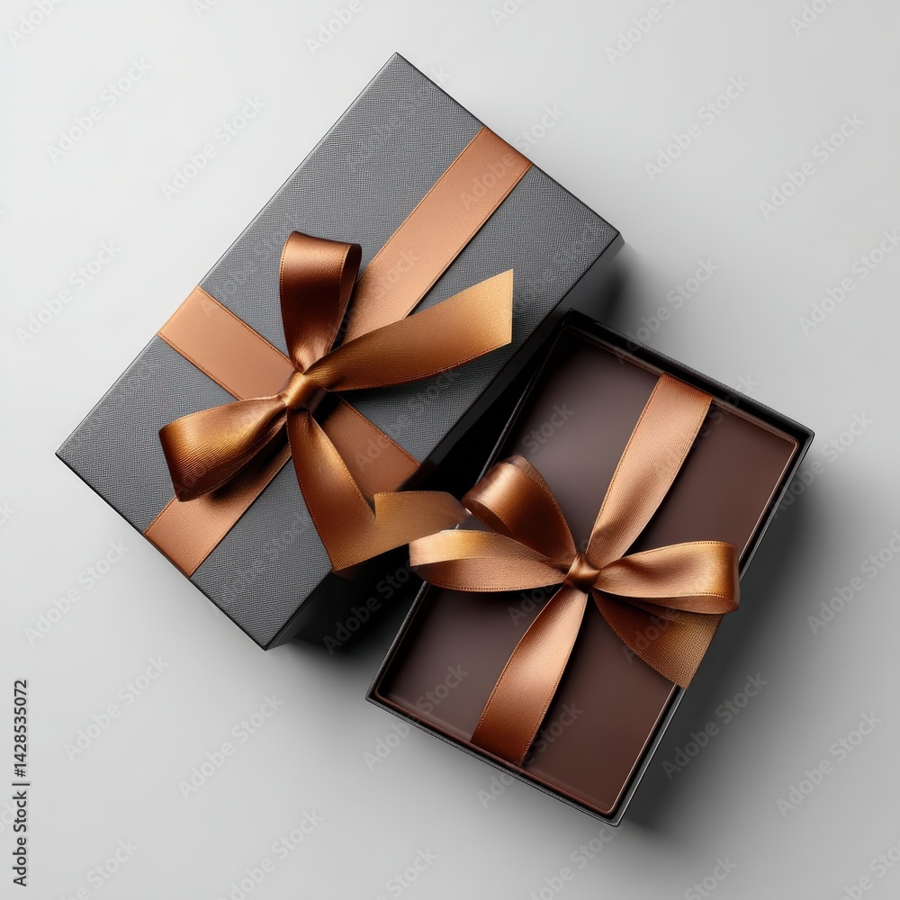 Elegant gift boxes with bronze ribbons on a sleek background