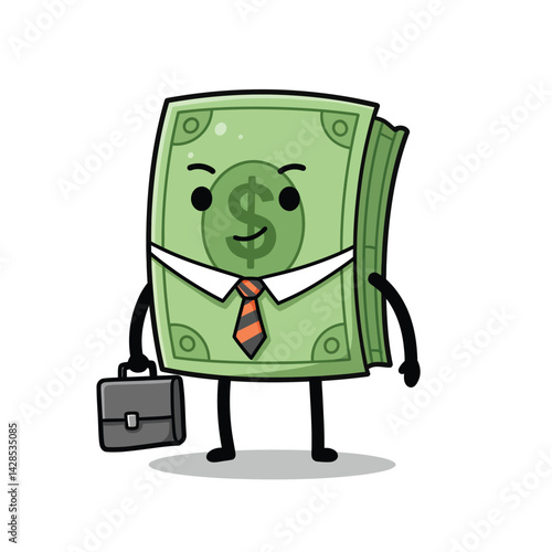 Cartoon stack of green dollar bills character with briefcase and tie vector illustration in business style 