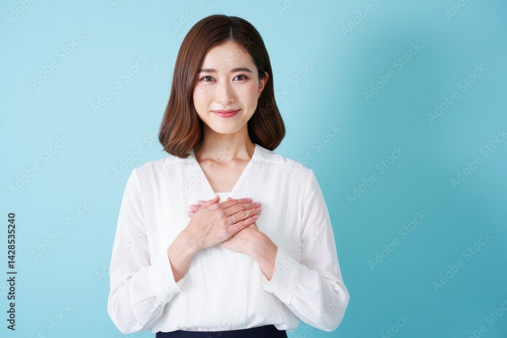 Grateful woman holding hands on chest smiling on blue background looking at camera
