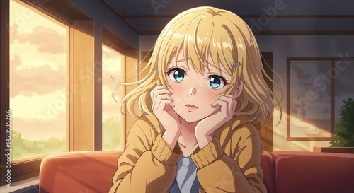 An illustration of a teenage girl with a pensive expression sitting indoors and reflecting thoughtfully perfect for websites centered on youth and introspection.